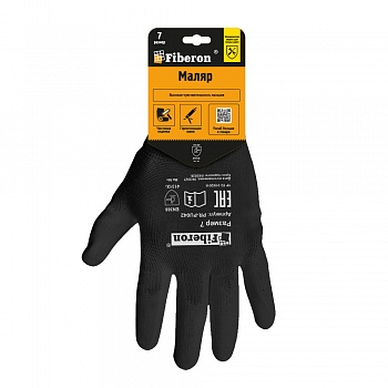 Перчатки "МАЛЯР: точные работы", полиэстер, полиуретановое покрытие, в и/у, 7(S), черные, Fiberon
