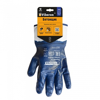 Перчатки "БЕТОНЩИК, манжета-крага", хлопок+полиэстер, нитриловое покрытие, в и/у, 10(XL), Fiberon