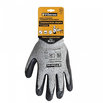Перчатки "Защита от порезов мах", со стекловолокном, текстурированное латексное покрытие, в и/у, 10(XL), Fiberon