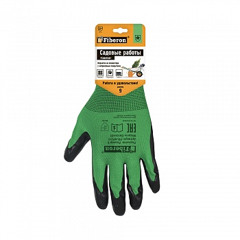 Перчатки «Садовые работы», полиэстер, нитриловое покрытие, зеленый+черный, в и/у, 9(L), Fiberon
