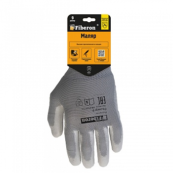 Перчатки "МАЛЯР: точные работы", полиэстер, полиуретановое покрытие, в и/у, 9(L), серые, Fiberon