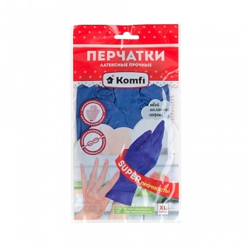 Перчатки хозяйственные латексные прочные, XL, синие, 2 шт/уп., Komfi