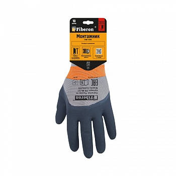 Перчатки "МОНТАЖНИК СОФТ ПЛЮС: комфорт", полиэстер, вспененное латексное покрытие, в и/у, 10(XL), Fiberon